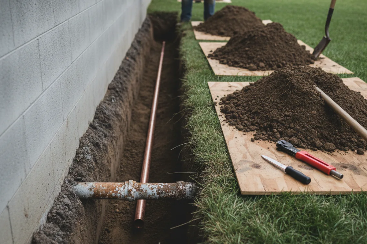 Excavated water line trench during Water Heater Repair in Southampton